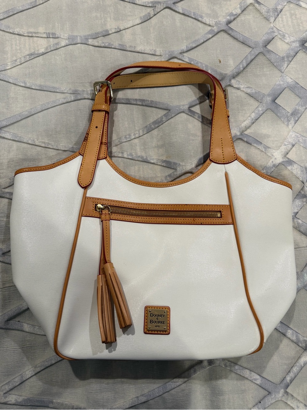 Dooney & Bourke White Tote with Tan Trim and Tassel